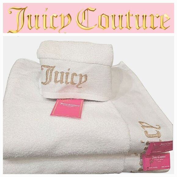 Juicy Couture Home Gold Juicy Embossed Bath & Hand Towel Set- White/Gold - Picture 1 of 8